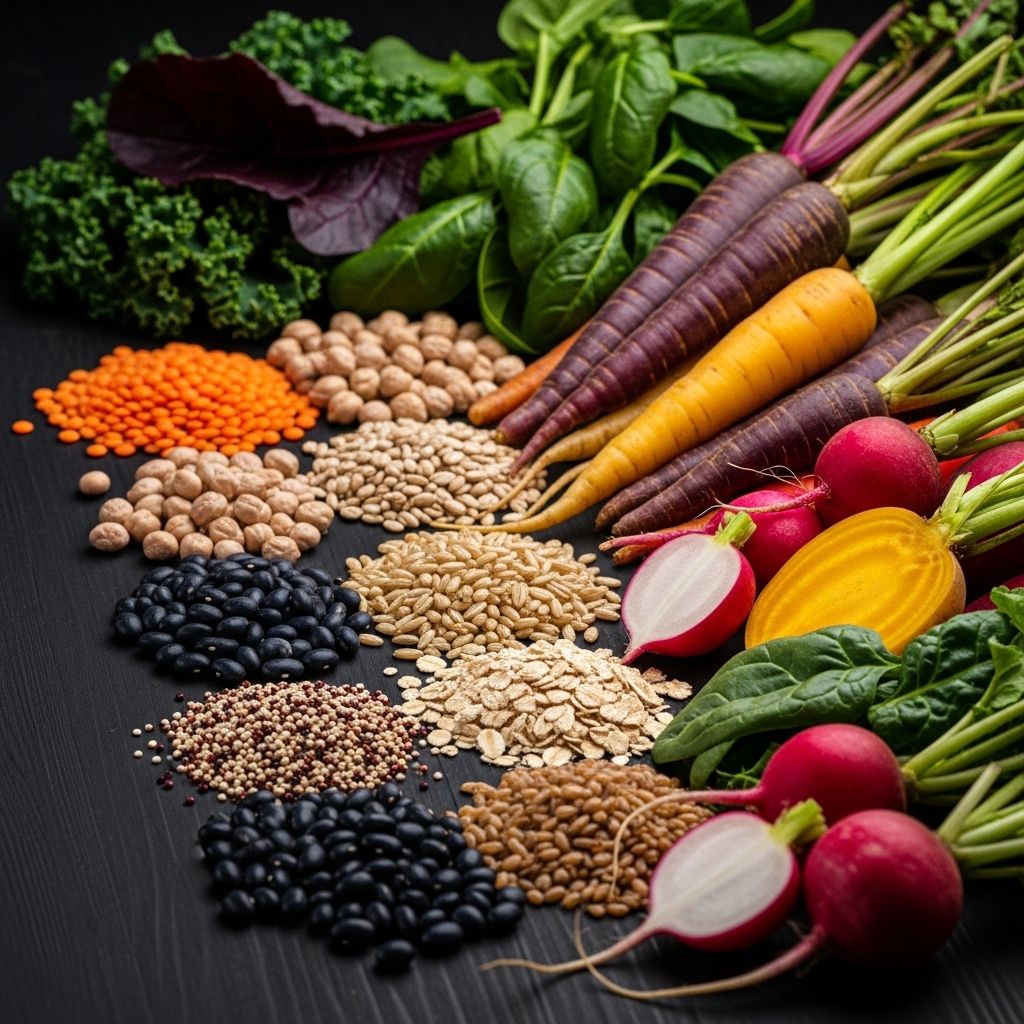 Close-up of a variety of whole foods arranged on a dark wooden surface: legumes, whole grains, leafy greens, and colorful root vegetables with dramatic side lighting